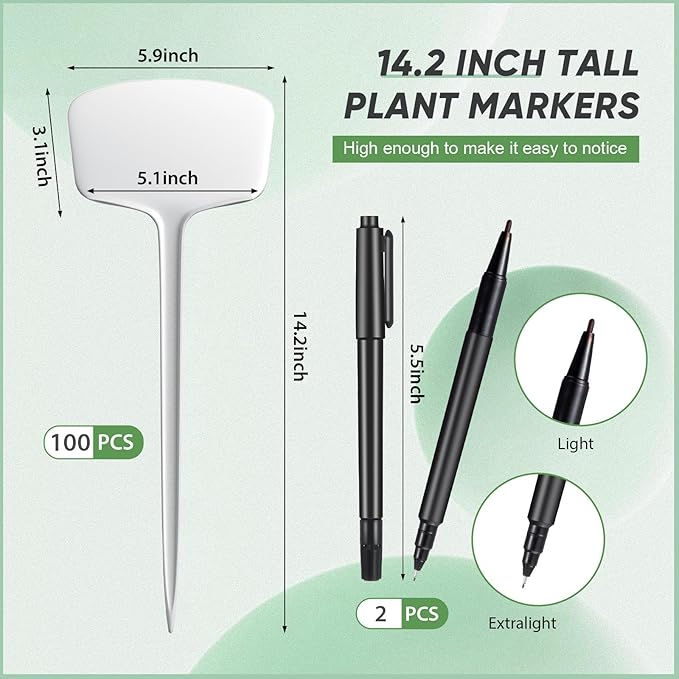 Weysat 100 Pack Outdoor Plant Markers 14.2 Inch Garden Labels with Pen Waterproof T Type Plastic Plant Tags Durable Nursery Garden Markers for Herbs Seed Pot Flowers Vegetable