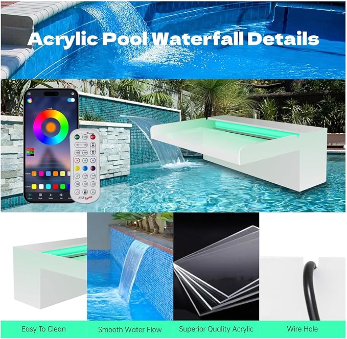 Pamopamo Pond Waterfall Spillway, APP Control Multi-Color LED Light Outdoor Pool Fountain, Acrylic Water Spillway Koi Fountains Kit for Garden Patio Swimming Pool Decoration - 11.8"x7.8"x3.9"