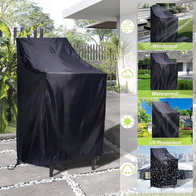 Stackable Patio Chair Covers, Outdoor Chair Covers Waterproof, Lawn Patio Furniture Covers, Fit for 4-6 Stackable Dining chairs Garden Chairs (Black, 25"L x 25"W x 47”H)