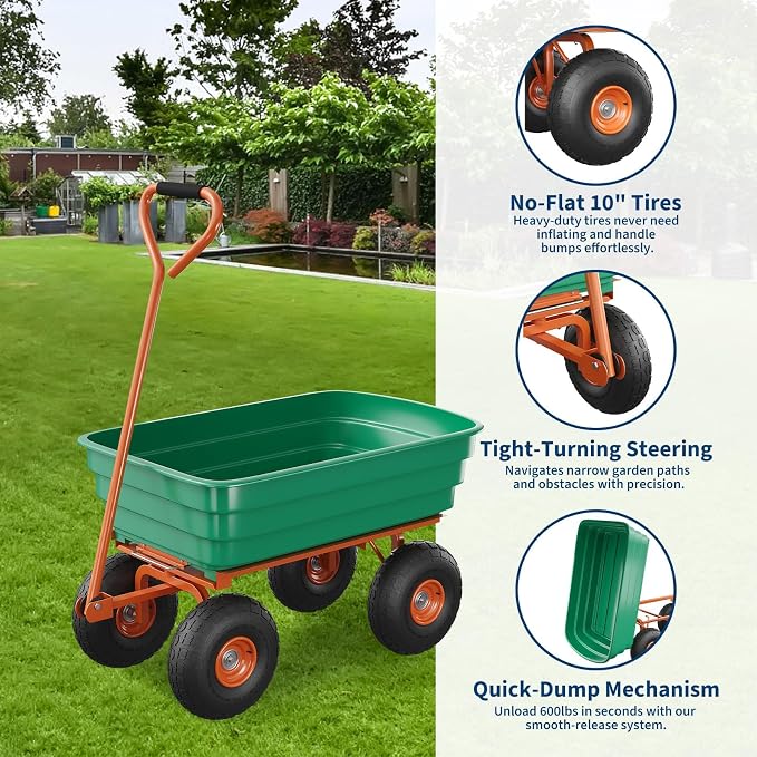 600 LB Garden Dump Cart with Quick Release System, Poly Garden Wagon with 180° Rotating Handle & All Terrain Tires, Yard Cart Utility Wagon for Landscaping, Gardening, Green & Orange
