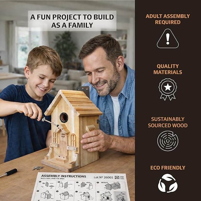 Premium Wooden Bird House Kit – DIY Bluebird Nesting Box with 1.5 Inch Entrance, Outdoor Birdhouse Kits for Adults and Kids, Nature Craft for Garden, Backyard or Patio Projects