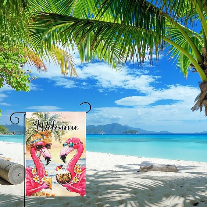 Welcome Garden Flag Flamingo Tropical Beach Scene Yard Flags Summer Coastal Island Double Sided Polyester Pink Flamingo House Banner for Lawn Pool Palm Tree Seaside Home Decor 12 x18 Inch
