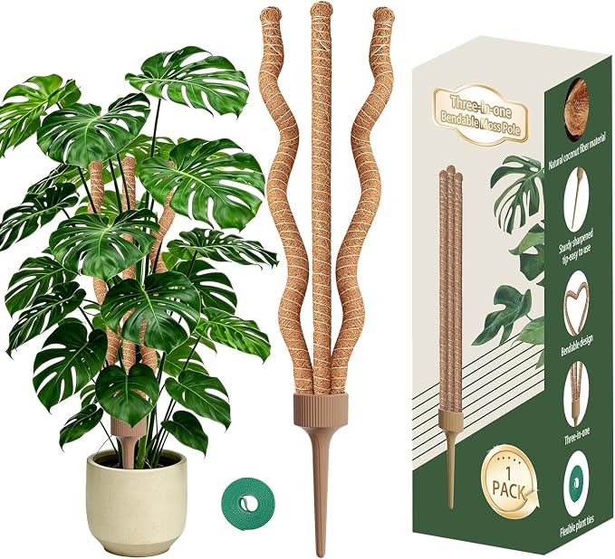 3-in-1 Moss Pole Monstera, Bendable Plant Support, 29.9Inch Moss Poles for Climbing Plants, Plant Stakes for Indoor Plants, Plant Support for Monstera, Pothos - 1 Pack
