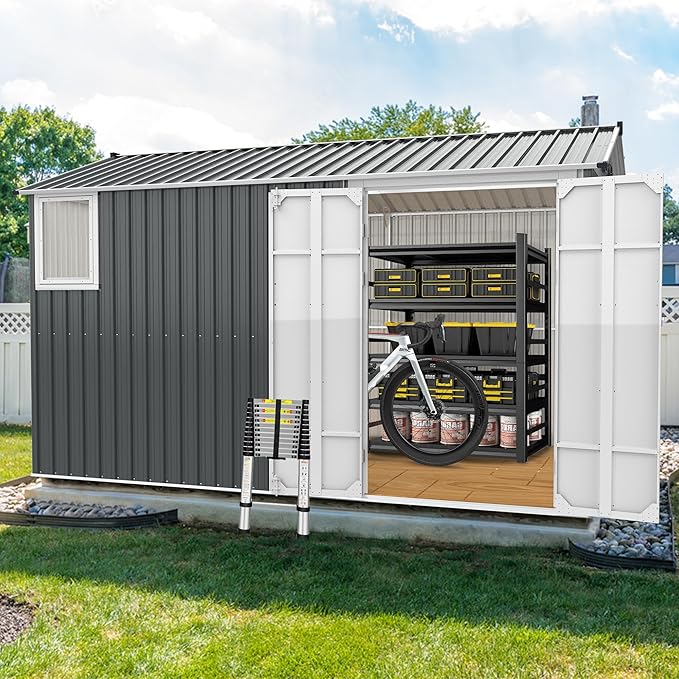 YOPTO 8x12 Ft Outdoor Storage Shed with Floor Frame and Window,Large Metal Utility Tool House W/Double Hinged Door & 4 Air Vents,All Weather Waterproof Garden Sheds for Backyard,Patio,Lawn,Dark Gray