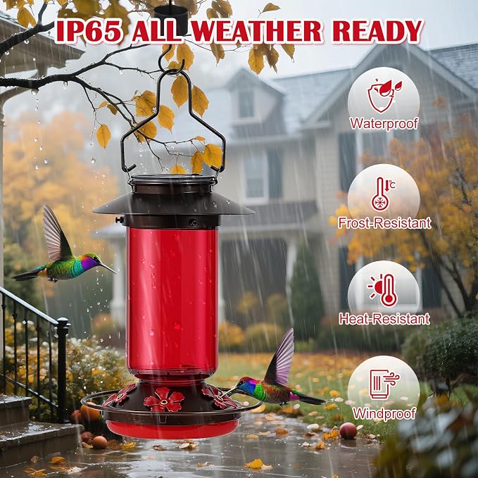 TANSOREN Solar Hummingbird Feeder for Outdoors Hanging Glass 21 Ounce with 5 Bee Guard Feeding Ports and Ant Moat, Leak-Proof, Red