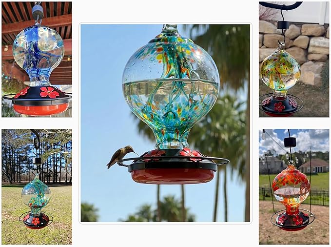Hummingbird Feeder for Outdoors Hanging, 34 oz, Hand Blown Glass Humming Bird Feeders, Uniqe Gift for Women Mom Garden Bird Lover, Hook & Brush Included, Rainforest Blue