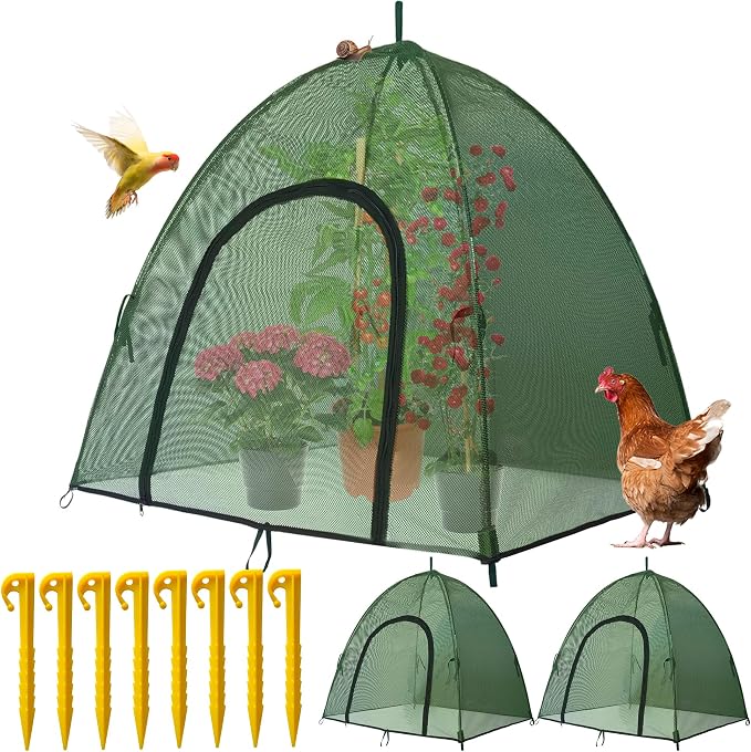 Plant Mesh Cover for Garden Protection - 50" x 50" x 40" Reusable Plant Tent Cage with Zipper & Stakes, Pest Guard Netting for Vegetables, Fruits, Flowers, Small Animals & Poultry 2PCS