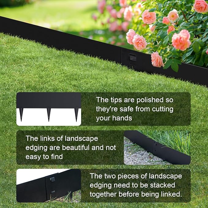 Garden 5PCS Steel Landscape Lawn Edging - 5PCS Steel Landscape Edging 39 x 6Inch (3 Inch Metal Strips + 3inch Nail) Black Garden Edging Border Length Flexible Landscape Edging Anchoring Stakes-Black