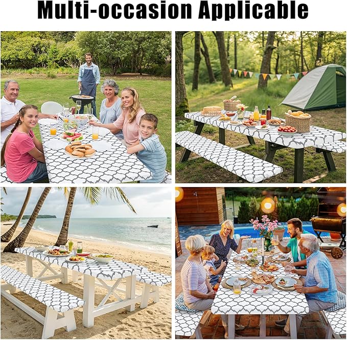 Smiry Picnic Table Cover with Bench Covers, Waterproof Elastic Fitted Tablecloth for 8 Foot Tables, Washable Polyester Tablecloths for Camping, Indoor & Outdoor (White, 30x96 Inch 3-pc Set)