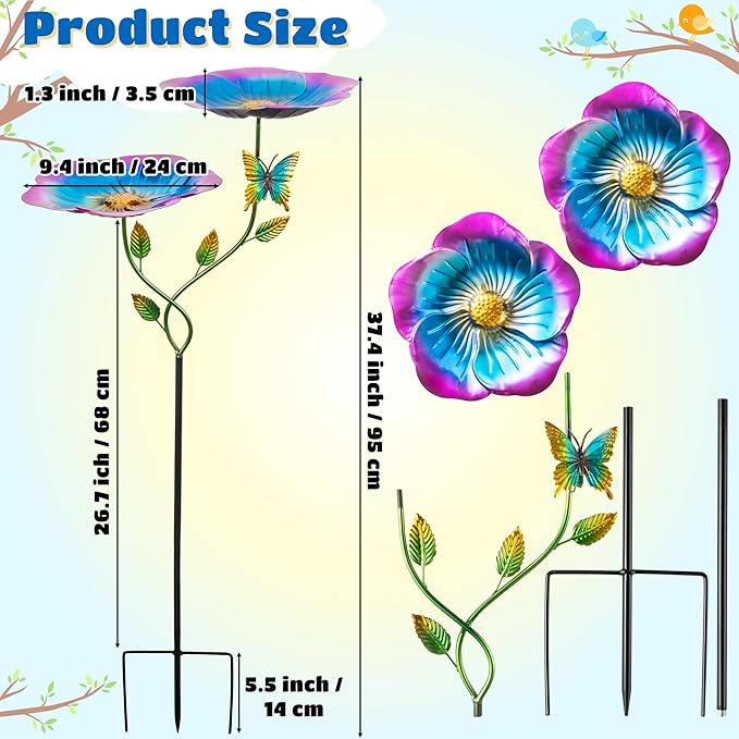37.4 Inch Floral Metal Bird Bath for Outside - Standing Bird Feeder with Dual Flower Bowls Detachable Birdbath with Butterfly Decor Metal Stake Base for Garden Yard Outdoor (Blue)