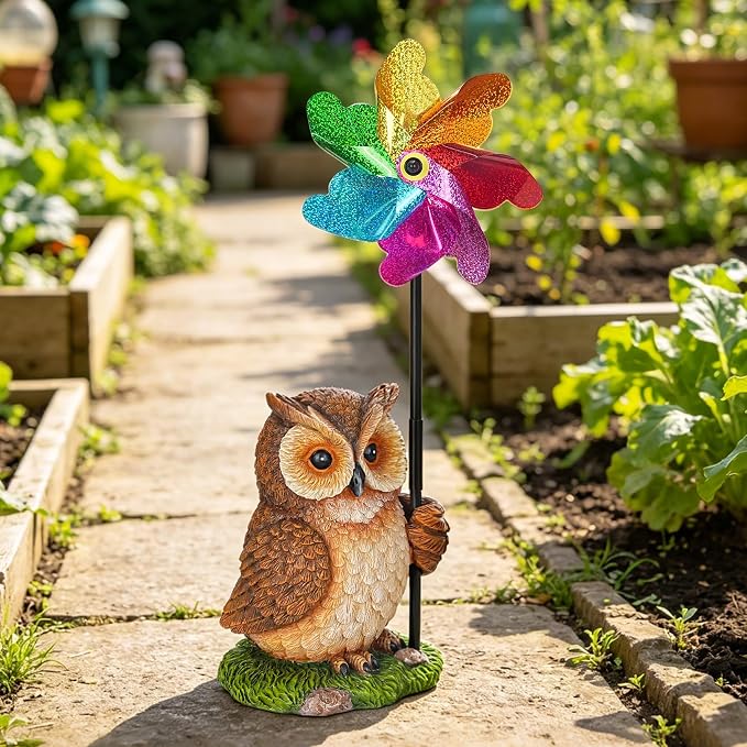 Owl Wind Spinners Garden Decor, Outdoor Resin Yard Statue & Colorful Reflective Spinners for Flower Bed, Lawn, Backyard Outdoor Decor Gifts for Women, Garden Lover
