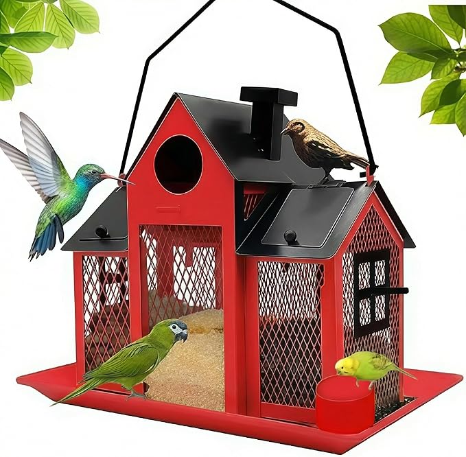 Solar Bird Feeders House for Outside Hanging, Metal Wild Bird Feeder for Outdoors Large Capacity Cardinal Birdfeeder Birdhouses Metal Bird Feeding Station Red