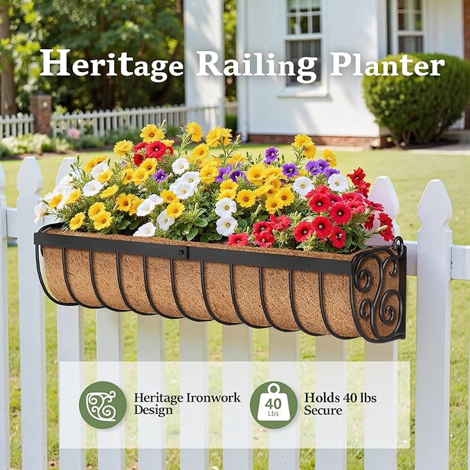 VOXOR Railing Planter Boxes, 30 Inch Window Boxes Planters, Balcony Planters with Adjustable Brackets & Coco Liner & Support Rod for Outdoor Fence, Deck, Porch, and Patio Gardening, 3 Pack