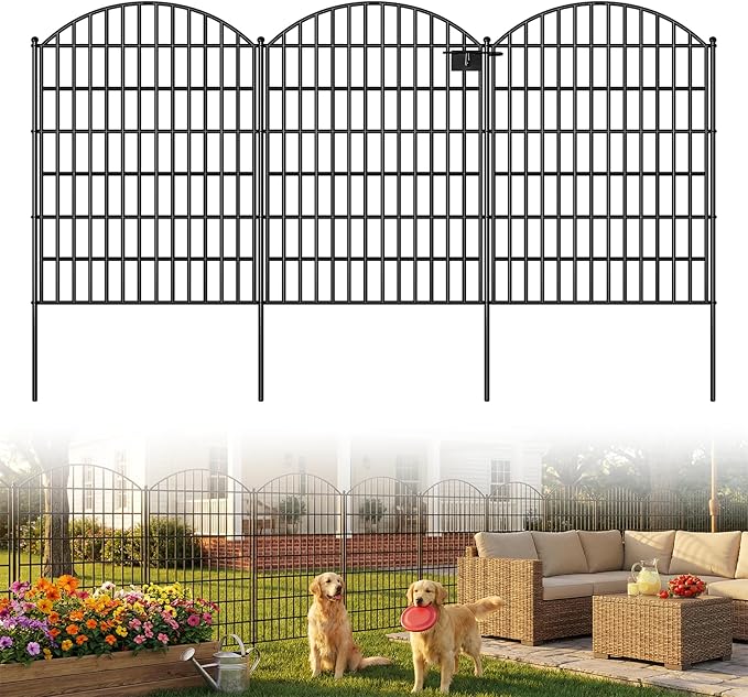 Toolterritary 10 Panels Arched No Dig Decorative Garden Fence with Gate, 40in(H) x 25.0ft(L) Dog Fence Outdoor for Yard, Rustproof Metal Garden Fence Animal Barrier for Dogs, Rabbits & Patio