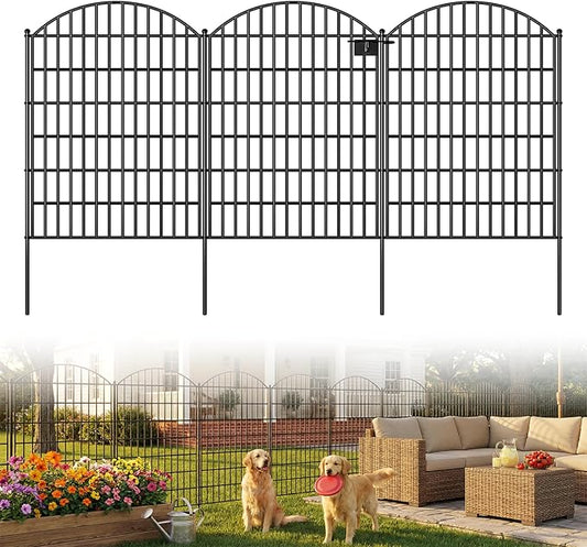 Toolterritary 10 Panels Arched No Dig Decorative Garden Fence with Gate, 40in(H) x 25.0ft(L) Dog Fence Outdoor for Yard, Rustproof Metal Garden Fence Animal Barrier for Dogs, Rabbits & Patio