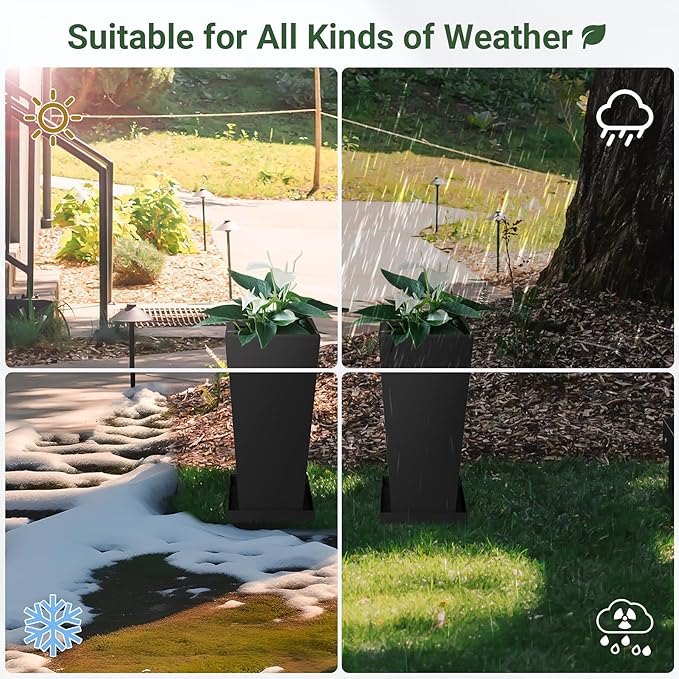 Metal Tall Outdoor Planters Set of 2, 20 inch Durable Tall Planters with Rust-Proof Coating & Drainage Insert Shelve & Trays, Black Outdoor Planters for Porch, Garden, Patio, Yard