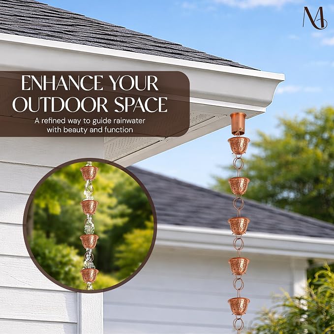 Monarch Rain Chains Pure Copper Hammered Cup Rain Chains for Gutters – 8.5 ft Decorative Rainchain Outdoor Durable Heavy Duty Gutter Chain Downspout Replacement, Modern Rainchains for Outside
