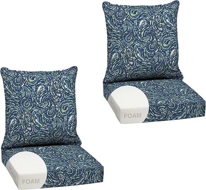 Arden earthFIBER Outdoor Foam Deep Seat Cushion (2-Pack), 24x24, Premium High-Density Foam, Never Flattens, Weather-Proof for Patio Chair Sofa Couch, Sapphire Blue Ridge Paisley