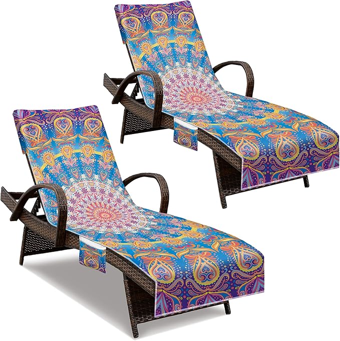 Lounge Chair Towel Cover, Beach Chair Cover (Pack of 2), Pool Lounge Chair Covers for Outdoor,Garden, Beach,Sun Lounger,Hotel Pool,Large Size and No Sliding, 85" X 30", (Mandala Purple)