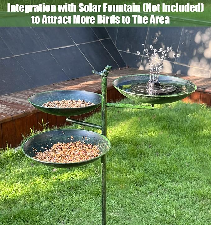 44" H Bird Bath and Feeder for Outside, 3 in 1 Free Standing Metal Birdbaths for Outdoors, with Cast Iron Bird 4-Prong Stake Base for Outdoors Yard Garden Patio, Green