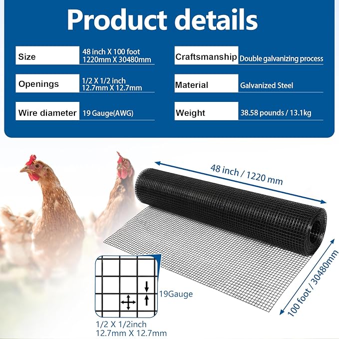Black Hardware Cloth 1/2 inch 19Ga PVC Coated Wire Mesh Vinyl Coated Fence Welded Metal Chicken Wire Fencing Roll (1/2 inch 48in x 100ft)