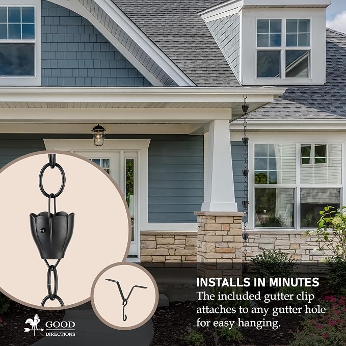 6 Cup Crocus Black Aluminum 8.5 ft. Rain Chain with Gutter Installation Clip by Good Directions