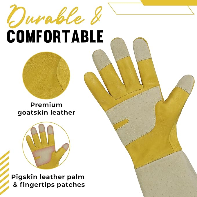 HANDLANDY Rose Pruning Gardening Gloves for Men Women, Thorn Proof Forearm Protection Leather Garden Gloves, Gardening Gifts for Gardeners (Butter Yellow, X-Large)