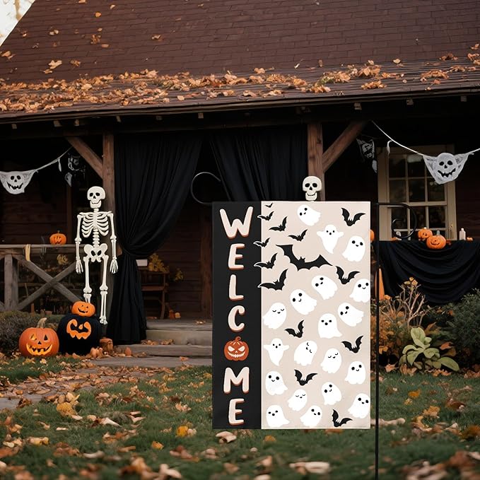 Halloween Welcome Garden Flag 12x18 Inch Cute Ghost Bat Black Cream Holiday Theme Scary Halloween Decorative Yard Flags for Outside Double Sided Outdoor Home Farmhouse Decoration Porch Decor