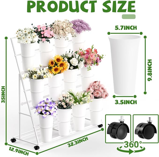 Invech Flower Display Stand with 12 Buckets and Wheels, 3 Tier Flower Cart Display Stand for Indoor Outdoor Garden, Wedding, Flower Shop (White)