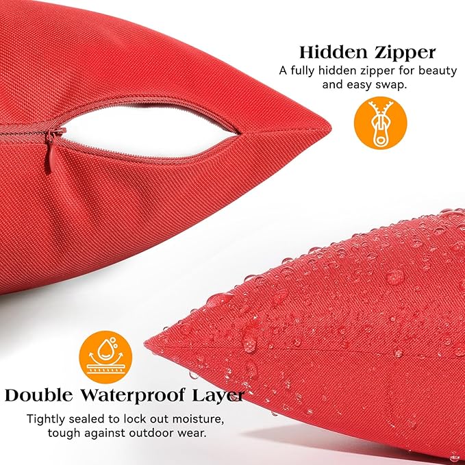Lewondr Waterproof Outdoor Throw Pillow Cover, 2 Pack Solid PU Coating Throw Pillow Case UV Protection Garden Cushion Cover for Patio Sofa Couch Balcony 18"x18"(45x45cm), Red