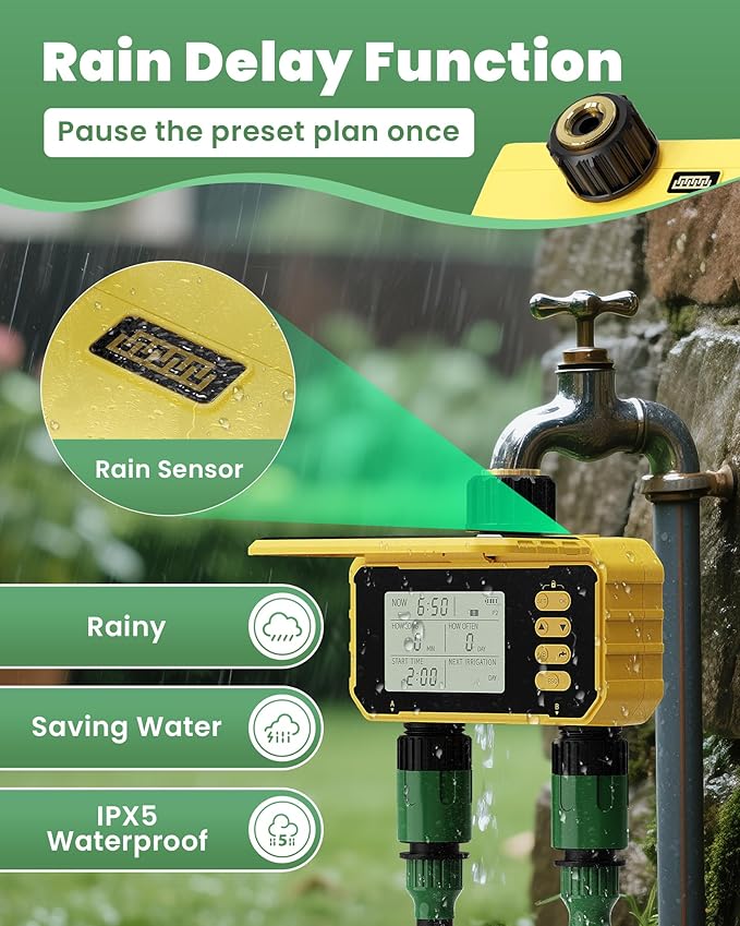 Sprinkler Timer, Solar Energy Water Timer for Garden Hose, Outdoor 2 Zone Hose with Rain Delay/Automatic/Manual Watering System, Digital Programmable Faucet Timing Irrigation for Lawn, Yard(No WiFi)