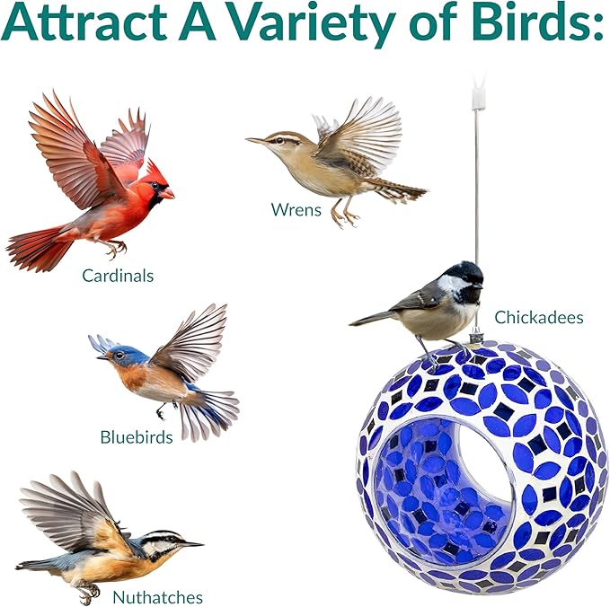 Sunnydaze 6-Inch Glass Mosaic Hanging Bird Feeder for Outdoors - Fly-Through Glass Bird Feeder for Cardinals, Jays, Finches and More - Lavender Mosaic