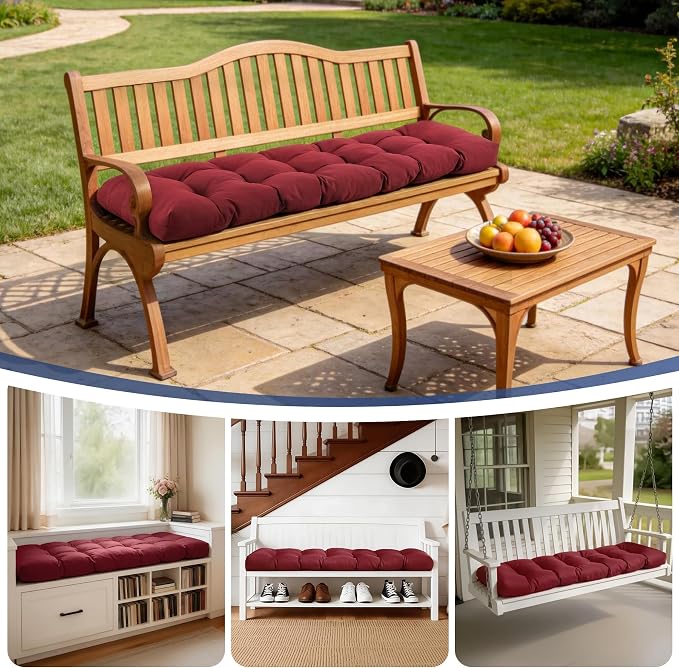 IASEAHK Outdoor Bench Cushion 48x18x5 Inch, Waterproof & Fade-Resistant Patio Furniture Cushions, Tufted Memory Foam Indoor/Outdoor Cushions for Couch Swing with Non-Slip Backing & Straps, Burgundy