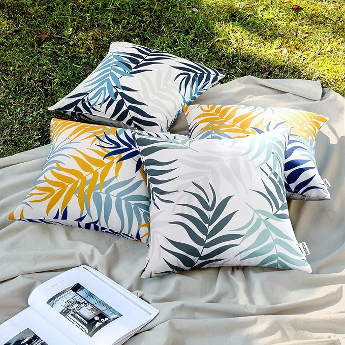 MIULEE Pack of 2 Decorative Outdoor Waterproof Throw Pillow Covers Patio Pillow Cases Natural Leaves Pattern Spring Square Cushion Shams Shell for Garden Balcony Couch 18x18 Inch, Yellow Blue