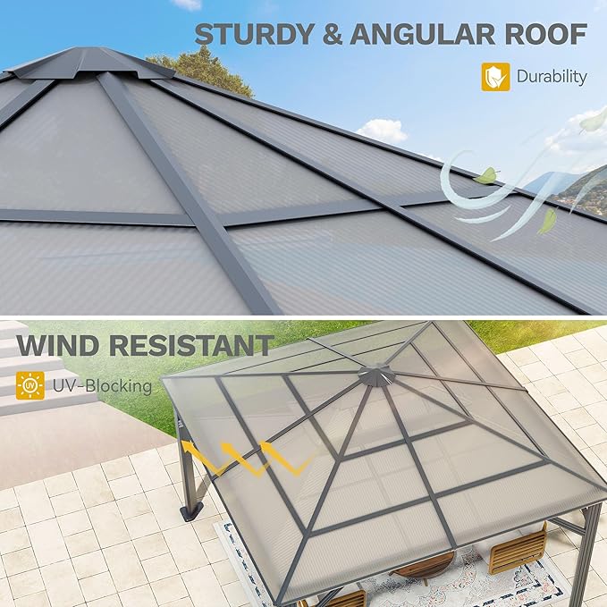 DWVO 10x10ft Hardtop Gazebo Polycarbonate Canopy Outdoor with Netting and Shaded Curtains, Metal Frame Garden Tent for Patio, Backyard, Deck and Lawns, Gray