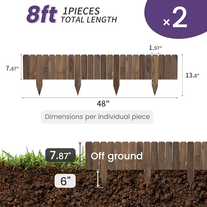 Garden Wooden Fence Edging, Burnt Wood Finish, Fir Wood,Outdoor Lawn Landscape Border (3, 7.87" Height)
