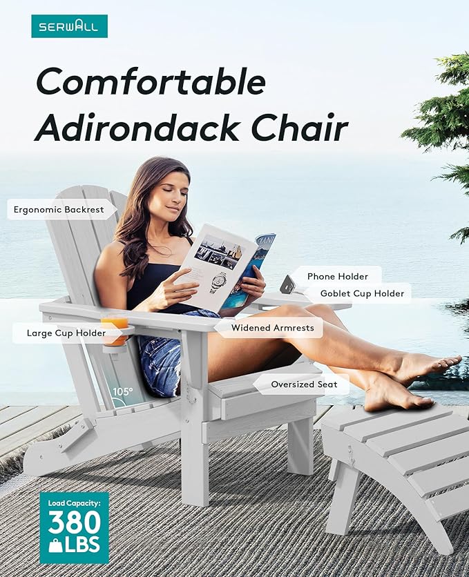 SERWALL Adirondack Chair with Cup Holders - Composite Adirondack Chairs Set of 6 HDPE Outdoor Chairs All Weather Use- Silver Gray
