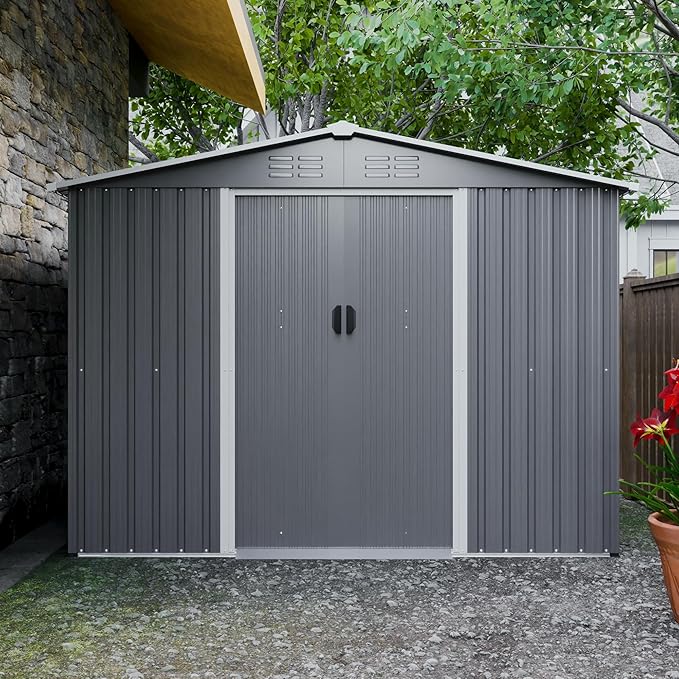 YOPTO 8X6 FT Outdoor Storage Shed with Roof,Waterproof House Tool Cabinet W/Metal Foundation & Lockable Doors,for Shovels,Umbrellas,Antennas,Escalators,Gray