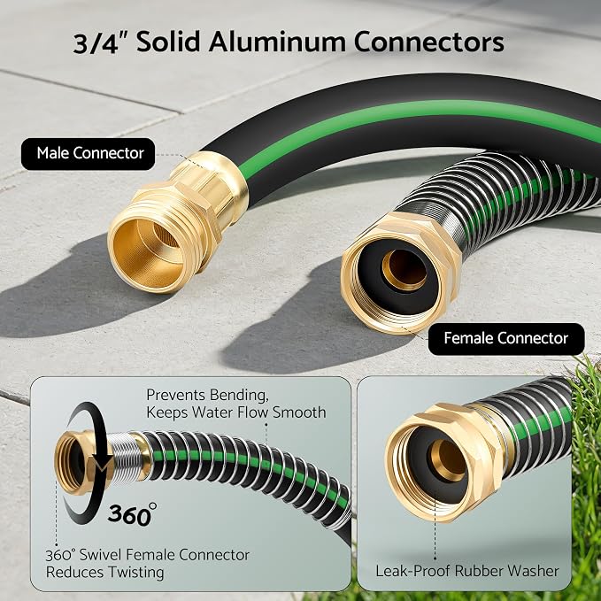 Heavy Duty Garden Hose 50 ft x 5/8", 5-Layer Hybrid Rubber Water Hose with 3/4" Swivel Brass Male to Female Fittings, 1000 PSI Burst, No-kink for Lawn, Backyard, Black & Green