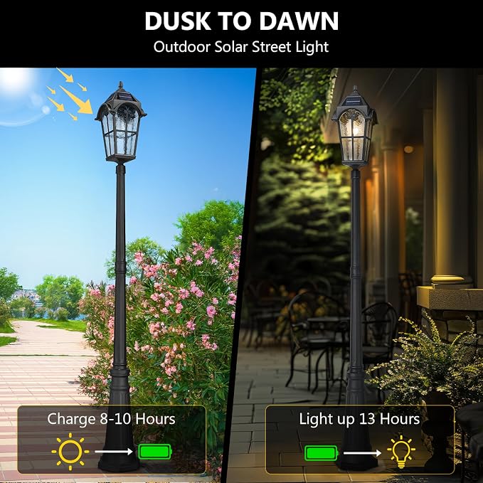 Emliviar 85.4" Black Solar Powered Street Light Fixture for Pathway with Remote Control, Dusk to Dawn Waterproof Pole Lamp with LED Bulb, Post Lighting with Water Grain Glass Shade, YXE302MPL-SL BK