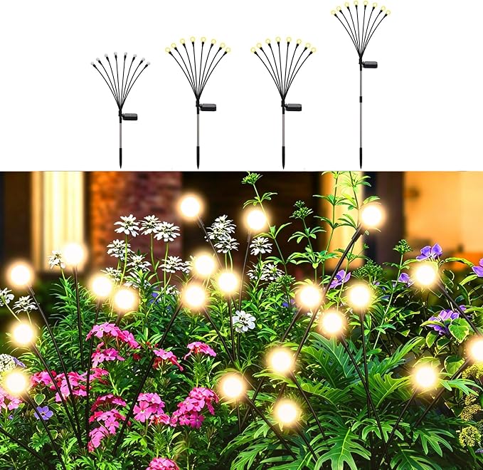 Solar Firefly Lights Warm White, 8 Modes 800mAh Swaying Firefly Yard Lights Solar Powered Outdoor Waterproof for Outside Yard Patio Lawn Pathway Walkway Stake Christmas Garden Decor (4 Pack)