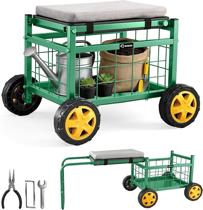 Saker Rolling Garden Cart with Seat & Wheels - 15.7'' EVA Padded Rolling Stool, 500 lb Steel Frame, Large Storage Basket - Garden Wagon Workseat for Patio Lawn Yard (Basic Version)