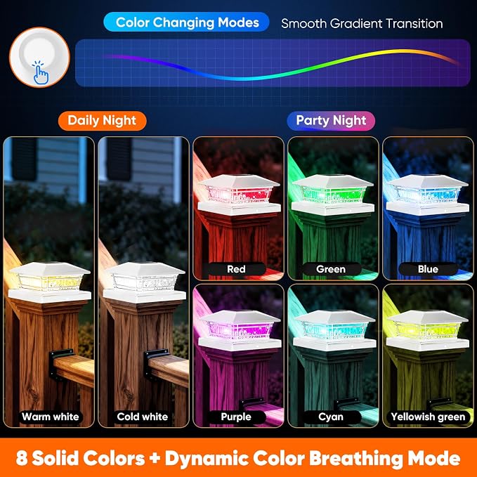 Solar Post Cap Lights White with 8 RGB Solid Colors & Color Changing, 8 Pack Solar Vinyl Fence Post Cap Lights for Porch Yard Garden，Deck Post Lights Waterproof for 4x4 5x5 6x6 Vinyl/Wooden Posts