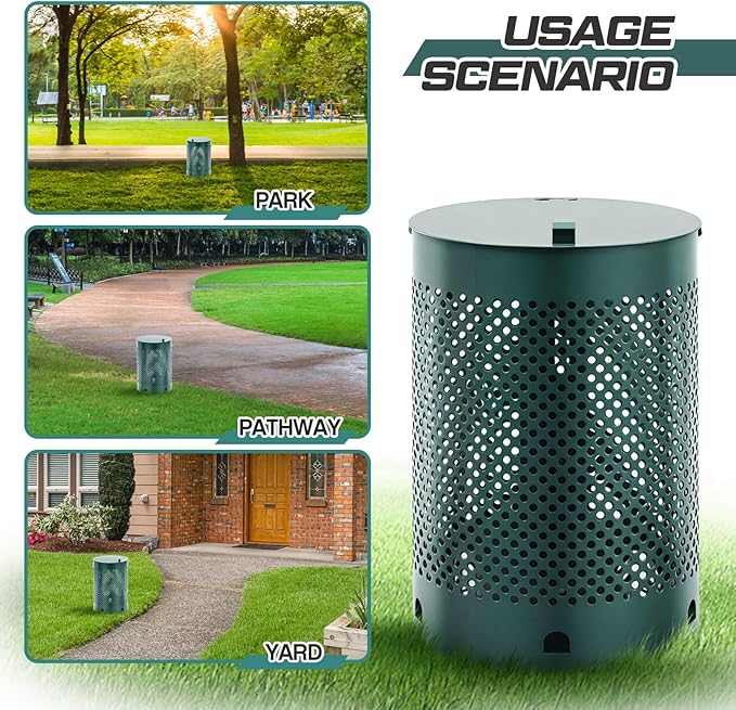 Dansydaisy Round Outdoor 5 Gallon Capacity Trash Can with Lid for Dog Waste Station - Rust Free UV Powder Coated - Designed to Mount on Any Post or Wall (Green)