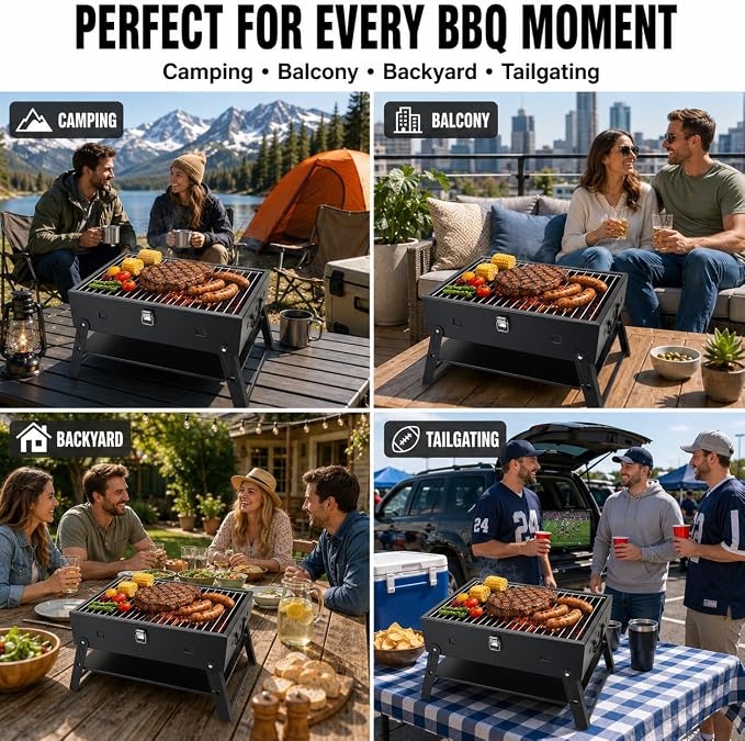 Portable BBQ Charcoal Camping Grill: Tabletop Folding Barbecue Grills with Fire Starter Kit and BBQ Grilling Tool Set, Fathers Day Birthday Grilling Gift for Men Dad Husband