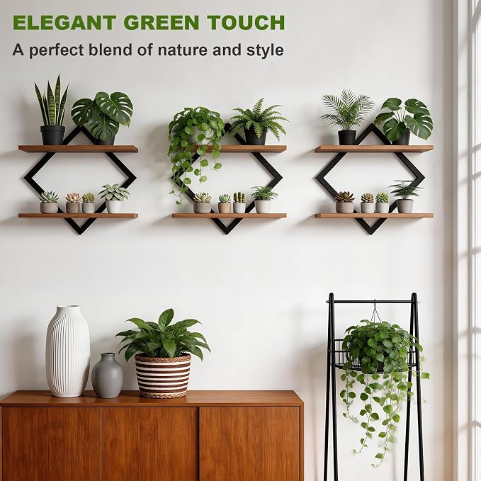 Set of 3 Floating Wall Shelves for Plants, Brown | Wall Planters for Indoor Plants, Wall Plant Holder, Plant Stand for Small Plants, Window Plant Hanging