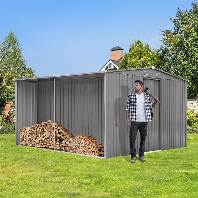 YOPTO 12x14 FT Sheds & Outdoor Storage,Metal Waterproof Firewood Shed with 2 Integrated Punched Vents,2-in-1Heavy-Duty Garden Tool House w/Window & Door,Shelter for Wood,Bicycles,Grey