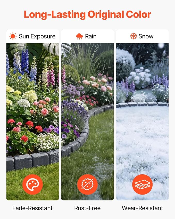 VEVOR Faux Stone Landscape Edging, 46.85" Kit, No Dig Garden Edging Border, Blocks for Lawn, Flower Beds, Yards, 1 Pack Each Section Has 6 Bricks 46.85" L x 3.94" W x 6.1" H, 3 Spikes, Sandstone Gray