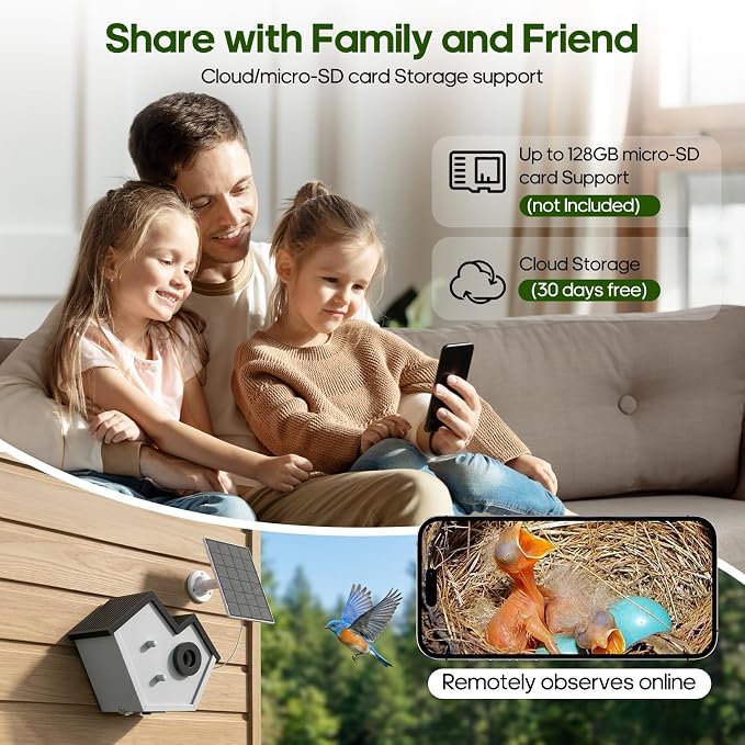 Wooden Bird House with Camera, 2K HD WiFi Smart Bird Feeder with AI Identify Birds Species & LED Light, Instant Alerts with Solar Powered Wireless Outdoor Birdhouse, Gifts for Bird Lovers