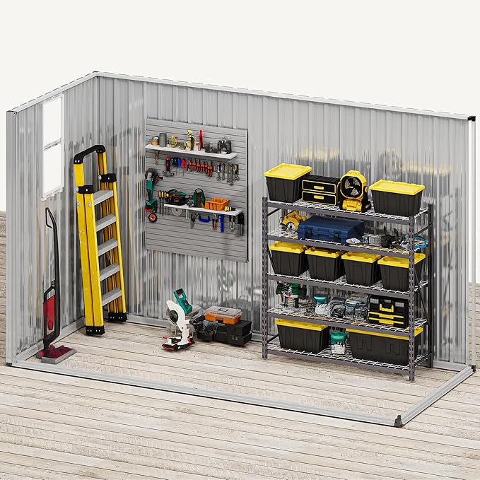 DWVO 8.5x3.5ft Large Tool Storage Shed with Window, Lockable Doors, and Sloped Roof, Oversized Steel Outdoor Storage Shed for Garden, Patio, Garage, Backyard, Lawn - Dark Gray